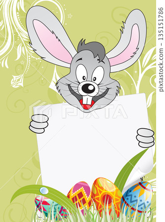 Easter Poster with Eggs, Rabbit and Sheet of Paper Easter Poster with Eggs, Rabbit and Sheet of Paper 135151786
