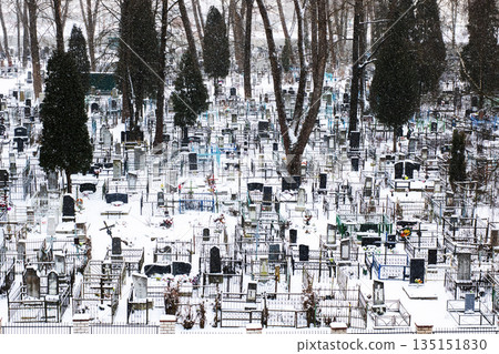 Silent snowcovered cemetery with tombstones, Quiet winter cemetery scene with trees and statues Silent snowcovered cemetery with tombstones, Quiet winter cemetery scene with trees and statues 135151830
