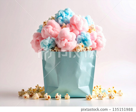 Mockup for branding product for cinema. Bright food for movie theaters. Popcorn and cotton candy in a paper bag. 135151988