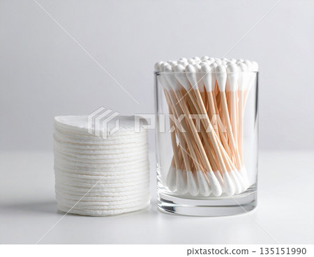 Various personal care products. White cotton swabs and reusable cotton pads neatly stacked on a white background. 135151990