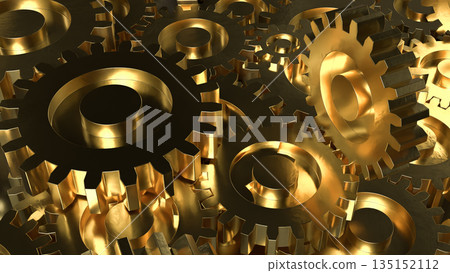 Golden Mechanical Gears Concept Representing Industry Engineering and Business Efficiency 3d render. 135152112
