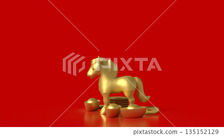 Golden Horse Statue with Chinese Gold Ingots on Red Background 3d render. 135152129