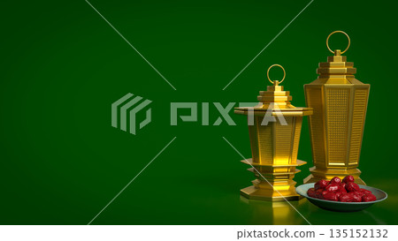 Golden Ramadan Lanterns with Dates on Green Background 3d render. Golden Ramadan Lanterns with Dates on Green Background 3d render. 135152132