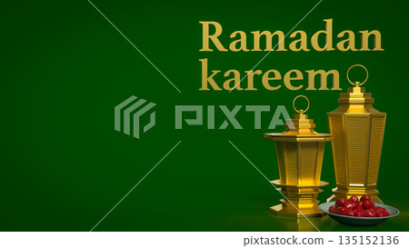Ramadan Kareem Greeting with Golden Lanterns on Green Background 3d render. 135152136