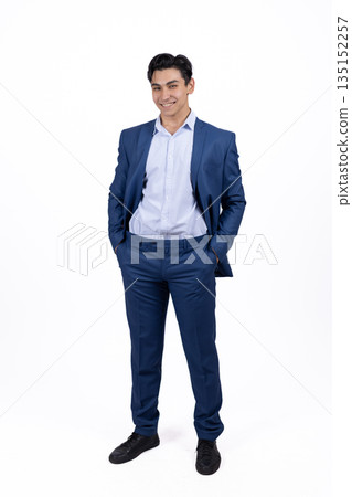 Confident businessman in a blue suit standing straight. Confident businessman in a blue suit standing straight. 135152257