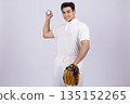 Man in a polo shirt holding a baseball glove and ball. 135152265