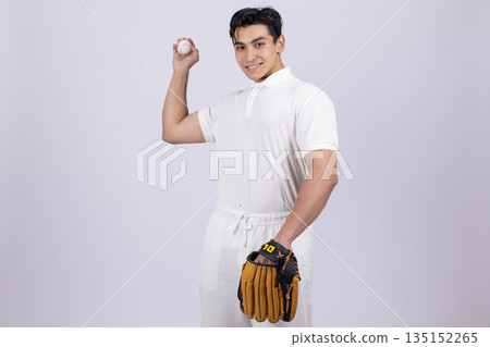 Man in a polo shirt holding a baseball glove and ball. 135152265