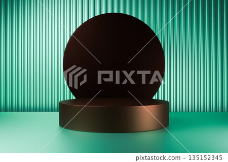 Dark circular podium with green ribbed wall background. Dark circular podium with green ribbed wall background. 135152345