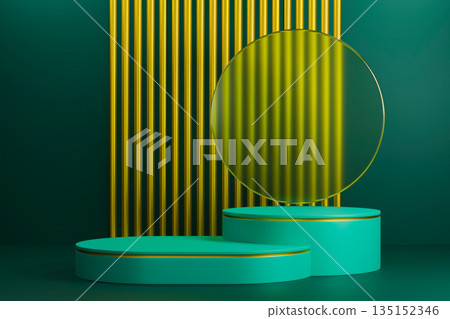 Green studio with gold accents and glass circle backdrop. 135152346