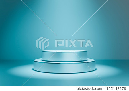 Cyan tiered circular podium on blue background. Cyan tiered circular podium on blue background. 135152378