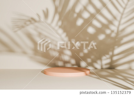 Beige 3D podium with exotic palm leaf shadows. Beige 3D podium with exotic palm leaf shadows. 135152379