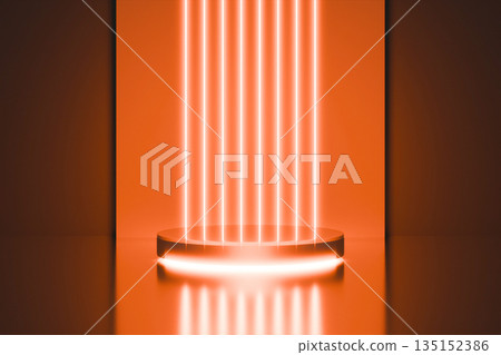 Orange neon vertical bars on dark stage background. Orange neon vertical bars on dark stage background. 135152386