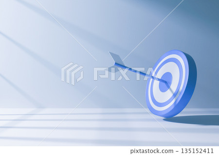 Blue target board with arrow in the center 3D render. 135152411