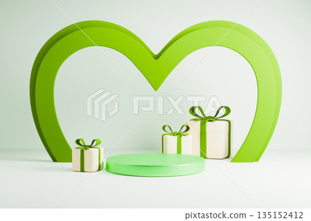 Light green heart frame with gift boxes and stage. 135152412