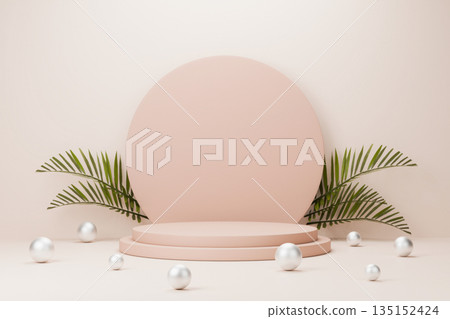 Beige 3D podium with tropical leaves and pearls. Beige 3D podium with tropical leaves and pearls. 135152424