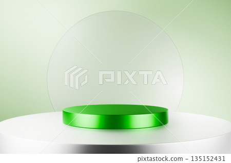 Green podium under glass dome with soft lighting. 135152431