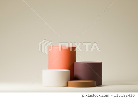 Minimalist cylinder podiums in coral and brown tones. Minimalist cylinder podiums in coral and brown tones. 135152436