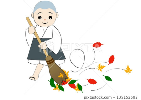 小和尚在清理落葉 小和尚在清理落葉 135152592