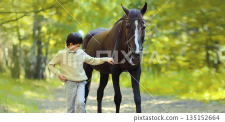 Teenager kid walking with horse in summer, horseback riding Teenager kid walking with horse in summer, horseback riding 135152664