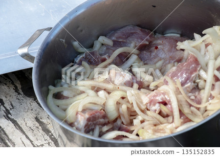 The pork and onions are in a pot, ready to be grilled over coals. The pork and onions are in a pot, ready to be grilled over coals. 135152835