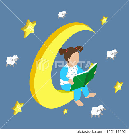 3D Isometric Flat Vector Illustration of Bedtime, Nightly Tale For Children Before Sleep To Help Them Relax And Drift Off Peacefully 135153392