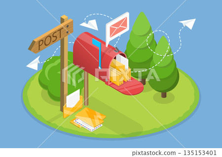 3D Isometric Flat Vector Illustration of World Post Day, Delivery, Messages and Communication 135153401