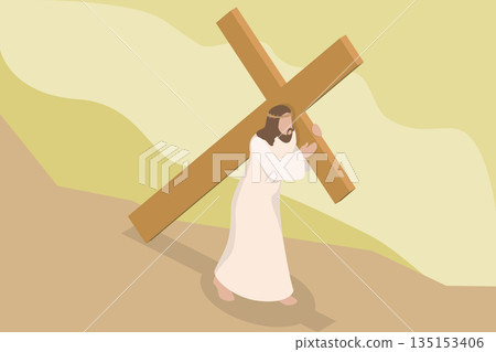 3D Isometric Flat Vector Illustration of Jesus And Cross, Son of God in Crown of Thorns 3D Isometric Flat Vector Illustration of Jesus And Cross, Son of God in Crown of Thorns 135153406