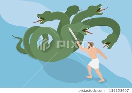 3D Isometric Flat Vector Illustration of Heracles And Hydra, Greek Mythology 135153407