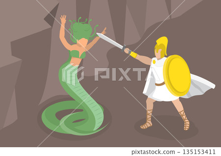 3D Isometric Flat Vector Illustration of Perseus And Medusa, Greek Mythology 135153411