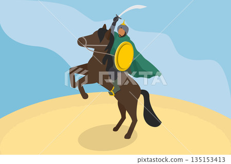 3D Isometric Flat Vector Illustration of Arab Warrior, Muslim Military Leader During The Crusades 3D Isometric Flat Vector Illustration of Arab Warrior, Muslim Military Leader During The Crusades 135153413