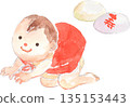 Watercolor illustration of a baby carrying a one-sho rice cake - Vector 135153443