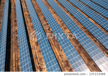 Rows of solar panels arranged on ground at modern 135153466