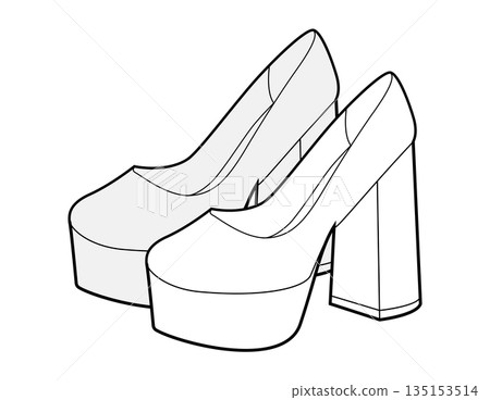 Platform block heel pump women sketch pair. Chunky sole dress footwear for party, office, autumn outfit. Technical Platform block heel pump women sketch pair. Chunky sole dress footwear for party, office, autumn outfit. Technical 135153514