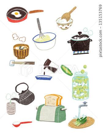 Hand-drawn kitchen and cooking utensils and ingredients illustration set 135153769