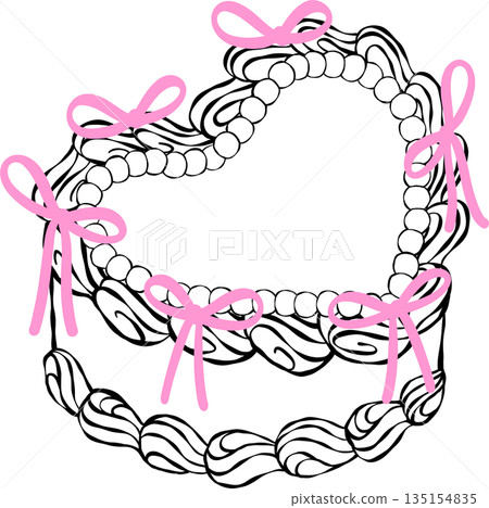 Coquette vintage heart shape cake Outline with pink ribbon bows whimsical hand drawn doodle Coquette vintage heart shape cake Outline with pink ribbon bows whimsical hand drawn doodle 135154835