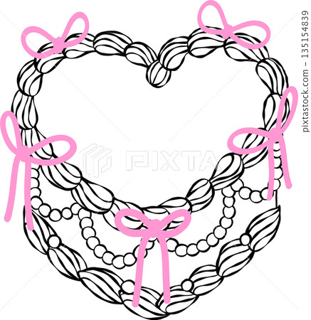 Coquette vintage heart shape cake outline pink ribbon bows whimsical hand drawn doodle 135154839