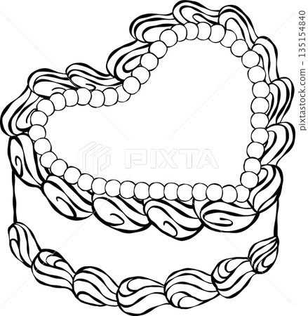 Vintage heart shape cake with pearls Outline, whimsical retro hand drawn doodle 135154840