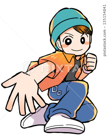 一個戴著針織帽的男孩伸出手 135154841