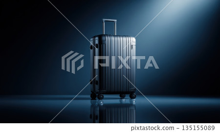 Stylish black suitcase stands alone in spotlight against dark background 135155089