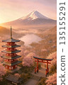 Japanese landscape with cherry blossoms, Mount Fuji and a five-story pagoda 135155291