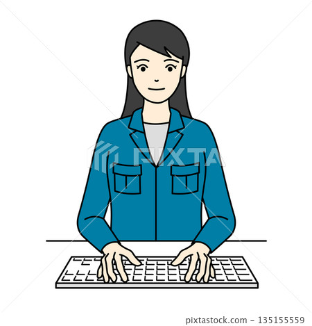 圖解:一位身穿工作服、微笑的女士正在鍵盤上打字 圖解:一位身穿工作服、微笑的女士正在鍵盤上打字 135155559