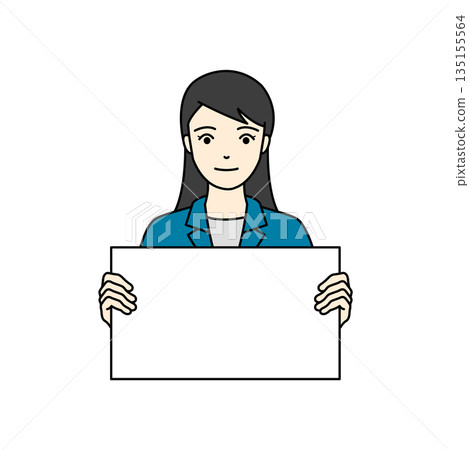 Illustration of a woman in work clothes holding a white information board in both hands 135155564
