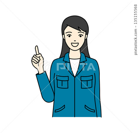 一位身穿工作服的女士面帶微笑，用食指指著上方解釋某個觀點。 135155568