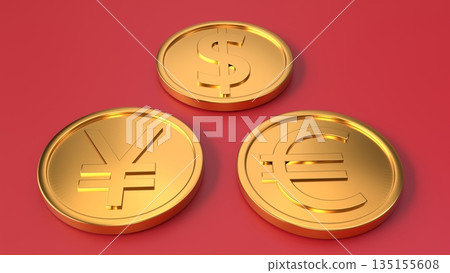貨幣圖片:紅色背景上的美元、日圓和歐元金幣 貨幣圖片:紅色背景上的美元、日圓和歐元金幣 135155608