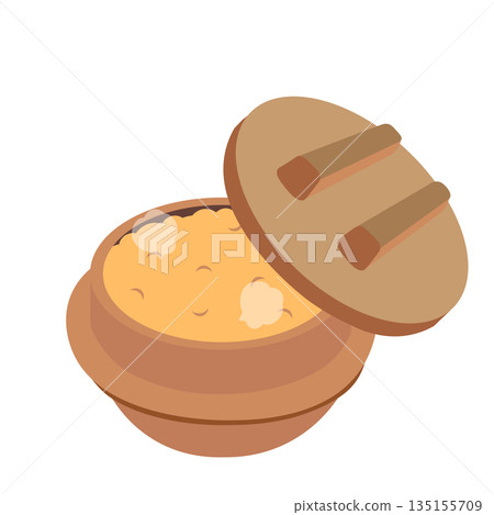 陶瓷鍋中煮熟的調味飯示意圖 135155709