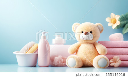 Baby bath accessories, bottles of shampoo with teddy bear and towels Baby bath accessories, bottles of shampoo with teddy bear and towels 135156016