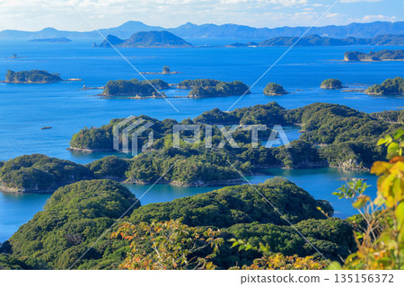 View of the Kujukushima Islands from Ishidake Observatory in Sasebo, Nagasaki Prefecture 135156372