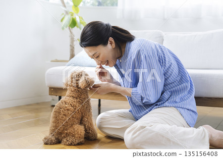 Middle-aged woman playing with her pet dog Middle-aged woman playing with her pet dog 135156408