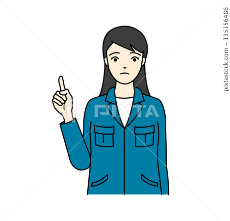 A woman in work clothes with an anxious expression urging attention A woman in work clothes with an anxious expression urging attention 135156486