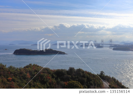 The Seto Ohashi Bridge and the Shiwaku Islands seen from the observation deck on Mt. Washu 135156514